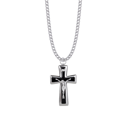 Sterling Silver Black Enameled Crucifix Necklace | Catholic Crucifix | Men’s Faith Jewelry | Confirmation Gift | Catholic Gift