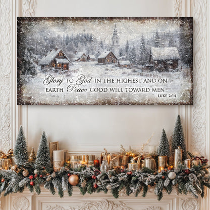 Vintage Christmas Village Wall Art - And on Earth, Peace, Good Will Toward Men - Luke 2:14