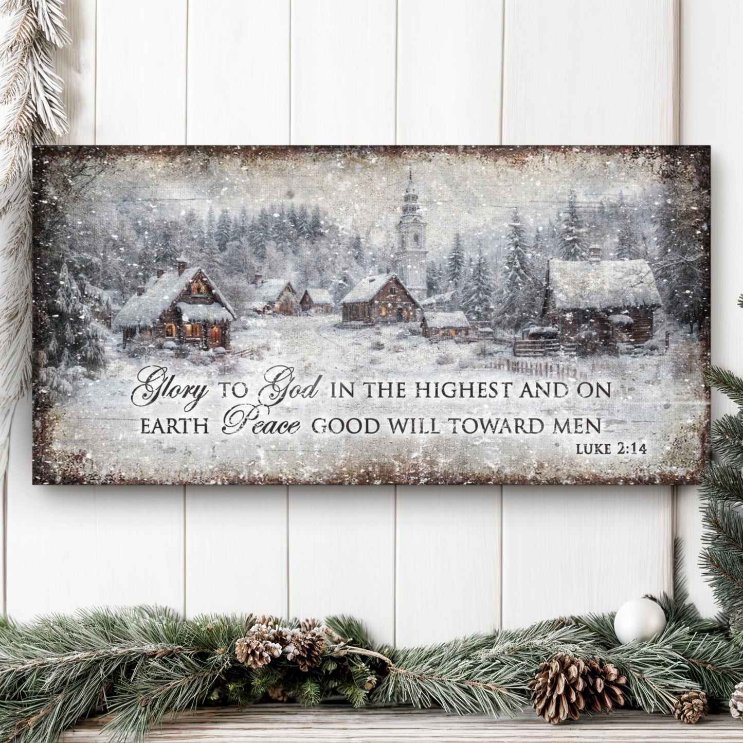 Vintage Christmas Village Wall Art - And on Earth, Peace, Good Will Toward Men - Luke 2:14