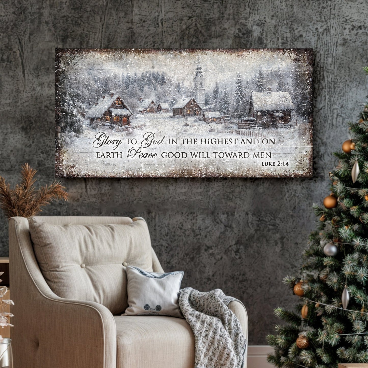 Vintage Christmas Village Wall Art - And on Earth, Peace, Good Will Toward Men - Luke 2:14