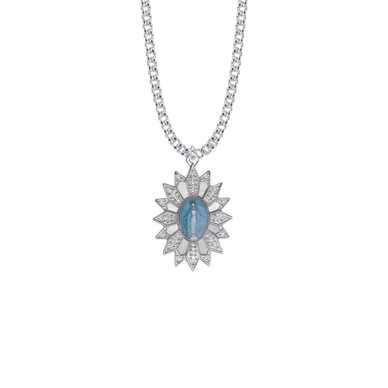 Miraculous Medal Sterling Silver with Bright Blue Enameled Starburst Filigree