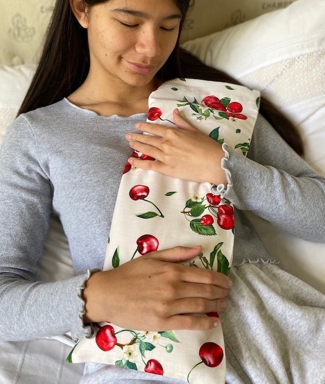Hot Cherry Rectangular/Cervical Neck Pillow in Unbleached, Pre-washed, Natura Denim with Cherry Print Pillowcase - Hot and Cold Comfort Pack