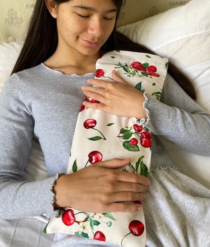 Hot Cherry Rectangular/Cervical Neck Pillow in Unbleached, Pre-washed, Natura Denim with Cherry Print Pillowcase - Hot and Cold Comfort Pack