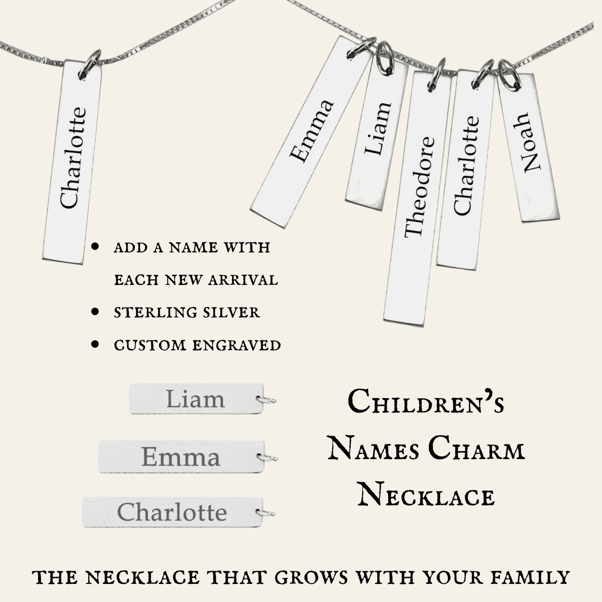 Silver children's names charm necklace with multiple rectangular hanging tags engraved with names like Charlotte, Emma, Liam, Theodore, and Noah, shown on a beige background with descriptive text.