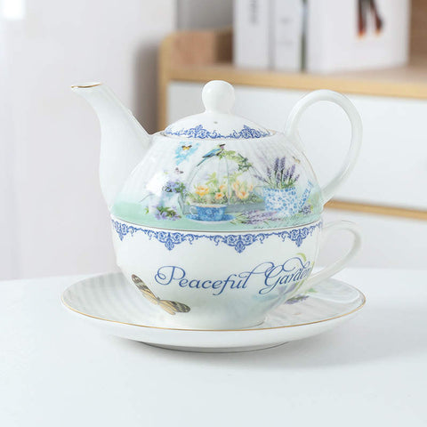 Peaceful Garden - Tea for One - Teapot with Cup & Saucer (Vegan "New Bone" China)