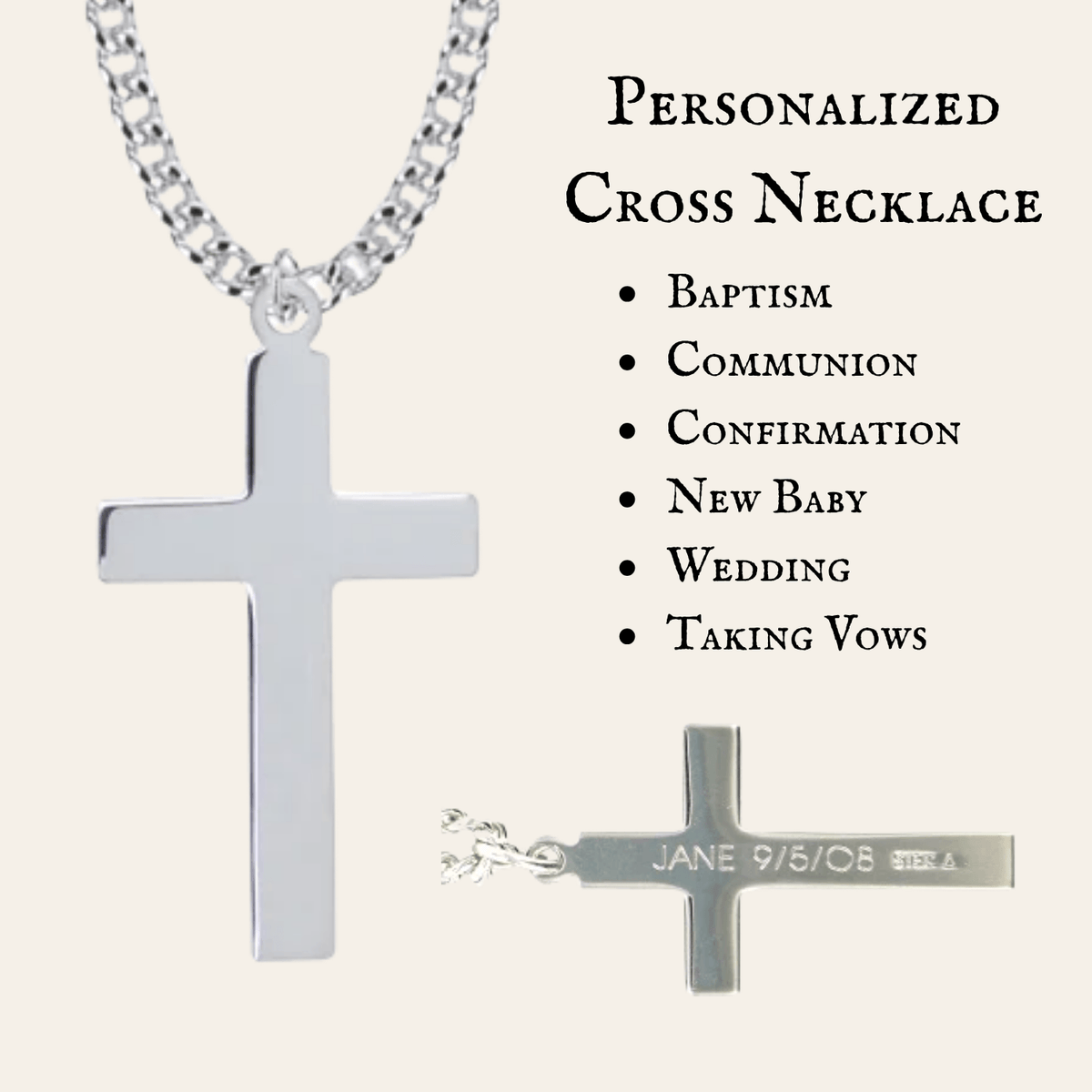 Silver cross pendant necklace on a silver chain, shown alongside text listing personalized reasons such as baptism, communion, confirmation, new baby, wedding, and taking vows.
