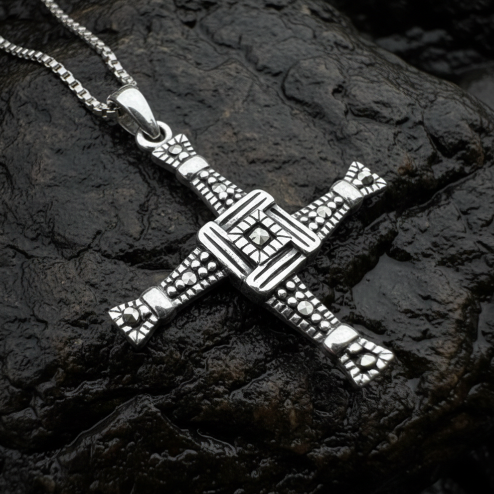Irish Saint Brigid's Cross Necklace - Sterling Silver with Marcasites