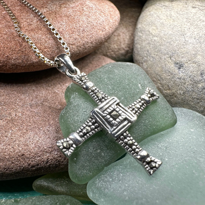 Irish Saint Brigid's Cross Necklace - Sterling Silver with Marcasites