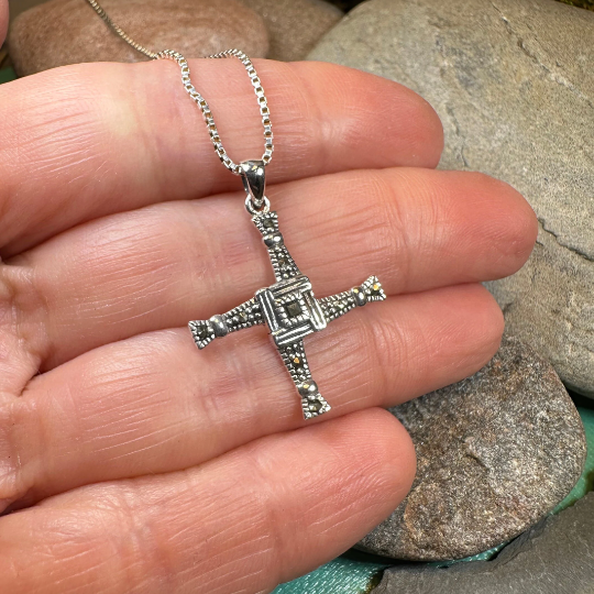 Irish Saint Brigid's Cross Necklace - Sterling Silver with Marcasites
