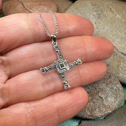 Irish Saint Brigid's Cross Necklace - Sterling Silver with Marcasites