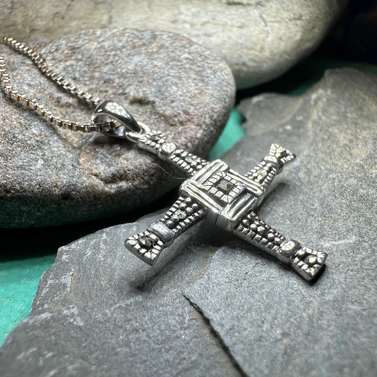 Irish Saint Brigid's Cross Necklace - Sterling Silver with Marcasites