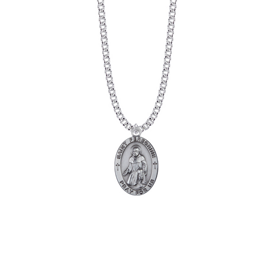 Saint Peregrine Sterling Silver Oval Saints Medal - Patron Saint of Those Suffering Cancer and Life Threatening Illnesses