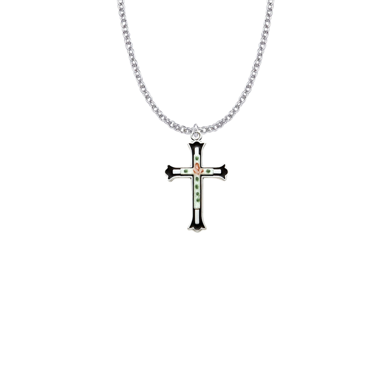 Sterling Silver Enameled Rose Cross Necklace | Pink White Enamel | Faith Gift for Her | First Communion | Confirmation | Baptism