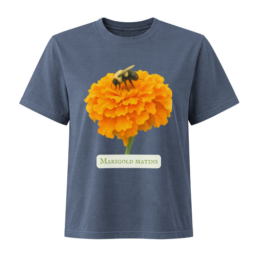 Marigold Matins — Women's Boxy Fit Botanical Tee | Marigold Watercolor Art | Sacred Garden Collection